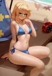 1boy 2d ai_generated ass bangs barefeet big_ass bikini blonde_hair bulge erection erection_under_clothes erophoenix feet full_body green_eyes looking_at_viewer looking_back male male_focus navel nude otoko_no_ko pale_skinned_male patreon_username penis sitting smile soles solo solo_male sweat swimsuit thick thick_thighs toes uncensored