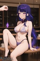 1girls ai_generated bikini bikini_bottom bikini_top boosty_username braid breasts cafe crystal female female_only genshin_impact hair_ornament hypnosis kirill782 large_breasts long_hair navel purple_bikini purple_eyes purple_hair raiden_shogun shoes sitting sitting_on_table stable_diffusion telegram_username watermark
