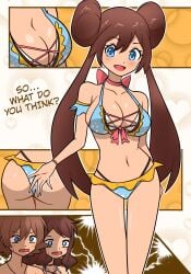 1boy 2girls bare_shoulders bikini bisexual_female blue_bikini blue_eyes blush breasts brown_hair cleavage donut_hair_bun frilled_bikini frills hair_bun high_ponytail highres hilbert_(pokemon) hilda_(pokemon) large_breasts looking_at_another multiple_girls navel open_mouth pocha pokemon pokemon_bw pokemon_bw2 ponytail rosa_(pokemon) self-upload smile swimsuit thighs twintails