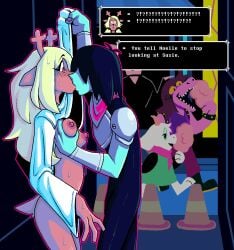 absurd_res alley anthro armor blush bodily_fluids breast_grab breasts clothed clothing clothing_lift deer deltarune deltarune_chapter_2 dialogue dress dress_lift duo female hair hair_over_eyes hand_on_breast hi_res kissing kris_(deltarune) male male/female mammal nipples noelle_holiday ponporio public ralsei ralsei_with_white_fur robe surprised_expression susie_(deltarune) sweat tail text text_box undertale undertale_(series)