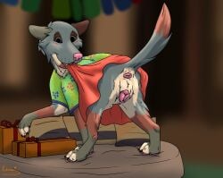anatomically_correct anatomically_correct_genitalia anatomically_correct_vulva animal_genitalia animal_vulva anus ass birthday blush blush_lines canid canine canine_genitalia canine_vulva canis clothed clothing clothing_lift dress dress_lift female feral fur genitals hi_res kaerf_(kaerfflow) kinaj looking_at_viewer mammal nude pawpads presenting raised_tail smile solo tail vulva wolf