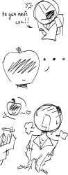 <3 ... 2boys 2male angry_orange_(orange_roulette) apple black_and_white breath_cloud comic comic_strip cum cum_drip cum_on_body dialogue extraction eyepatch fruit fruit_humanoid fruits gay implied_handjob implied_sex instant_loss_3koma juice male male_focus male_only newgrounds no_pants no_underwear one_eye_covered one_eye_obstructed orange orange_juice orange_roulette russian russian_text shirt_only tagme test_tube tied_arms tied_to_chair tied_up translated ~<3