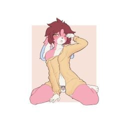 absurd_res anthro balls chastity_cage chastity_device clothed clothing femboy floppy_ears fur genitals hi_res lagomorph leporid looking_at_viewer lop_ears luckesha male mammal off_shoulder open_mouth oversized_clothing pink_body pink_fur rabbit remmy_(remybunny) rubbing_eyes simple_background solo tired trans_(lore) trans_woman_(lore) yawn