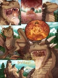 3:4 acidic balls black_hair blue_eyes blue_sky bodily_fluids brown_body brown_scales closed_eyes clothed clothing cloud comic cum cumshot cutaway draco_(dragonheart) dragon dragonheart drooling duo ejaculation erection feral genital_fluids genitals hair hi_res human in_mouth inside_stomach looking_pleasured male mammal masturbation membrane_(anatomy) membranous_wings mountain mouth_shot mythological_creature mythological_scalie mythology narrowed_eyes nero_(shorty) nevolsky nude on_tongue open_mouth oral_vore orange_eyes outside penile penile_masturbation plant saliva scales scalie short_hair size_difference sky stomach_acid tongue topless tree universal_studios vore wings