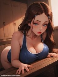 ai_generated bdmaestro bent_over breast_press cleavage female katara large_breasts leaning_forward solo swimsuit