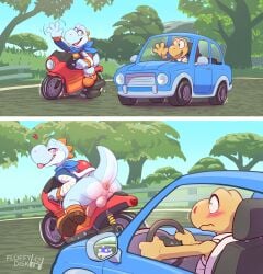 2boys anthro anus ass balls blood blue_body blue_eyes blue_shell blue_skin blush blush_lines blushing bodily_fluids bottomless clothed clothing comic cyan_body cyan_eyes cyan_skin cyan_yoshi digital_media_(artwork) driving_car duo fluffydisk42 genitals hi_res humanoid_genitalia humanoid_penis looking_back male mario_(series) mario_bros mario_kart mario_kart_world motorcycle nintendo nosebleed penis presenting presenting_hindquarters reptile scalie shaded shell spiny_shell_(mario_kart) tail teasing testicles tongue tongue_out vehicle yellow_skin yoshi yoshi_(touring)