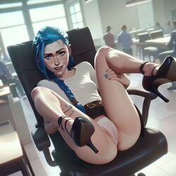 2025 ai_generated arcane arcane_jinx blue_hair female female_only heels hi_res high_heels high_quality jinx_(arcane) jinx_(league_of_legends) lace_panties league_of_legends leg_up legs legs_apart legs_open legs_spread office office_chair panties pencil_skirt people_in_background sitting sitting_on_chair skirt smile smiling smiling_at_viewer stable_diffusion straight tagme thighs underwear white_panties white_shirt