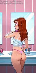 6teen _yumidreams ai_generated ass bare_shoulders bathroom blush brown_hair brushing camisole female from_behind jen_masterson long_hair makeup mirror patreon_username round_ass shimapan striped_panties striped_shirt thick_thighs wet wet_body wet_clothes wet_hair