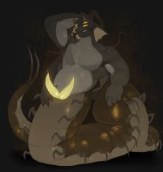 2025 2_horns 2_penises 4_arms 4_eyes 4_fingers arthropod arthropod_taur belly biceps black_background black_body black_claws black_scales bodily_fluids brown_body brown_exoskeleton centipede centipede_taur claws countershading diphallism dragon exoskeleton featureless_chest finger_claws fingers genital_fluids genitals glowing glowing_eyes glowing_genitalia glowing_penis grey_body grey_horn grey_scales hand_behind_head hi_res horizontal_diphallism horn kogito looking_at_viewer male multi_arm multi_eye multi_genitalia multi_limb multi_penis multicolored_body myriapod myriapod_taur mythological_creature mythological_scalie mythology navel nude nude_male nude_taur pecs penis precum saber_(ghastly) scales scalie shaded sharp_teeth short_horn simple_background small_horn smile smirk snake_hood snout solo split_form tapering_penis taur teeth yellow_eyes yellow_penis yellow_sclera