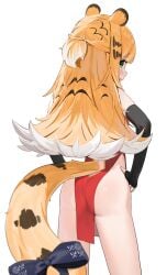 1girls animal_ears animal_tail ass ass_focus back_view china_dress chinese_clothes dress elbow_gloves female fingerless_gloves from_behind gloves green_eyes ju_fufu ju_fufu_(zenless_zone_zero) kemono kemonomimi petite red_dress skai_kun tagme tail tiger_ears tiger_girl tiger_tail yellow_hair zenless_zone_zero