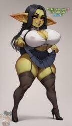 ai_generated black_hair child_bearing_hips garter_straps goblin goblin_female green_eyes horny horny_female huge_breasts huge_thighs lifting_skirt long_hair nipple_bulge original playfulcrit school_uniform schoolgirl slim_waist smile thigh_gap thigh_socks voluptuous_female wide_hips