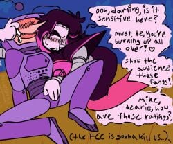 2boys android animated antennae_(anatomy) big_nose blush boots deltarune deltarune_chapter_3 dialogue exhibitionism fangs filming gay male male_only mettaton mettaton_ex null_bulge pulling_lips_open robot rubbing rubbing_bulge sitting_on_floor stage tenna_(deltarune) tv_head undertale warm yaoi