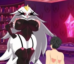 1boy 1boy1girl 1girls anon anthro anthro_on_human avian avian_humanoid beak black_hair corset crown elbow_gloves female helluva_boss huge_ass huge_breasts human human_on_anthro human_on_humanoid large_breasts larger_female lingerie long_eyelashes male milf self_upload smaller_male stella_(helluva_boss) thick_thighs thighhighs tight_clothing tight_fit vivienne_medrano vivziepop white_body white_hair xml_xrossover(artist)