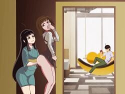 1boy 2d 2girls :3 ahoge anal anal_fisting animated araragi_koyomi araragi_tsukihi bakemonogatari bangs behind_wall black_hair book brown_eyes brown_hair commission elbow_deep_anal_fisting hallway hand_on_mouth hand_on_stomach hiding holding_back_moans house kenmaruart7 kimono long_hair looking_back looking_up loop looping_animation lube lube_in_ass medium_breasts monogatari_(series) no_panties reading school_uniform sengoku_nadeko shoulder_length_hair sitting skirt skirt_up sleeves standing tagme very_long_hair video wincing yuri