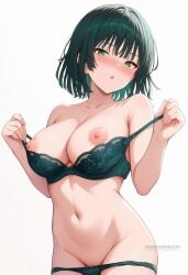 :o ai_generated bare_shoulders black_hair blush bra bra_pull breasts cleavage clothes_pull collarbone female fubuki_(one-punch_man) green_bra green_eyes green_hair green_panties large_breasts looking_at_viewer navel nipples one_punch_man open_mouth panties panty_pull pulled_by_self pussy shadowrealmarts short_hair simple_background solo stomach uncensored underwear underwear_only white_background