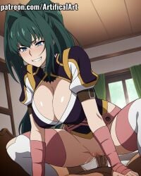 1boy 1girls ai_generated akari_acura artifical_art blue_eyes blush clitoris cowgirl_position green_hair hitsugi_no_chaika light-skinned_female light_skin long_hair penis penis_in_pussy perfect_body ponytail pussy pussy_juice riding riding_penis sex smile spread_legs tied_hair vaginal_penetration vaginal_sex
