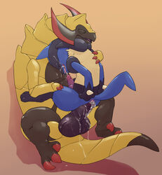 2016 anal anal_sex argon_vile balls claws closed_eyes color cum cum_in_ass cum_in_mouth cum_inside cum_on_self duo fraxure lucario male nintendo penetration pokemon pokemon_(species) size_difference tail toe_claws video_games yaoi