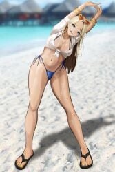 1girls absurd_res armpits arms_above_head arms_up artist_request bandage bandage_on_nose beach belt blonde_hair blue_eyes blue_swimsuit blush bracelet bracelets breasts centi_(nikke) centi_(ocean_repair)_(nikke) cleavage earrings female female_focus female_only goddess_of_victory:_nikke heart-shaped_eyewear long_hair looking_at_viewer necklace necklace_between_breasts ocean official_alternate_costume pov sand sandals see-through_clothing shirt sunglasses sunglasses_on_head swimsuit tanline tanned_female tanned_skin thighs tool_belt