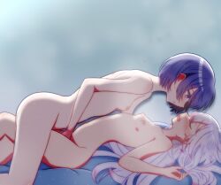 2girls absurdres blush breasts closed_eyes commentary_request completely_nude fingering gradient_hair highres light_particles long_hair multicolored_hair multiple_girls nipples nude open_mouth original parted_lips pink_hair purple_eyes purple_hair qattromirimeshi short_hair small_breasts textless_version white_hair yuri