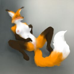 anus belly breast_play breasts canid canine closed_eyes female fox genitals gradient_background hi_res innie_vulva lambbda lying mammal masturbation mouth_closed navel on_back pussy simple_background solo solo_focus spread_legs spreading tail vulva white_belly