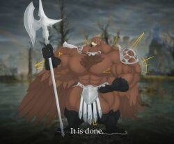 accipitrid accipitriform anthro armor avian beak big_muscles bird bodily_fluids brown_body clothing elden_ring elden_ring_nightreign expansion feathered_wings feathers feet fromsoftware growth guardian_(nightreign) hi_res huge_muscles hyper hyper_muscles male muscular muscular_anthro muscular_male pecs simple_background solo text vezerem weapon wings