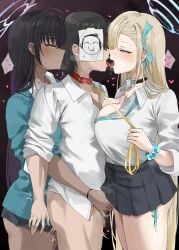 1boy 2girls absurdres asuna_(blue_archive) asuna_(school_uniform)_(blue_archive) belt_collar black_choker black_hair black_skirt blonde_hair blue_archive blue_cardigan blue_eyes blue_halo blue_ribbon blue_sweater breasts cardigan choker cleavage collar commentary cum dark-skinned_female dark_skin doodle_sensei_(blue_archive) ffm_threesome french_kiss gradient_hair group_sex hair_ribbon halo handjob heart highres holding holding_leash karin_(blue_archive) karin_(school_uniform)_(blue_archive) kissing large_breasts leash lipstick_mark lipstick_mark_on_neck long_hair miniskirt miz_blank multicolored_hair multiple_girls no_pants official_alternate_costume purple_background purple_hair purple_halo red_collar ribbon school_uniform sensei_(blue_archive) shirt skirt straight sweater symbol-only_commentary threesome very_long_hair white_shirt yellow_eyes