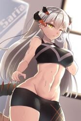 dragon_girl gym_clothes navel platinum_blonde_hair saria_(arknights) smoking sweat towel