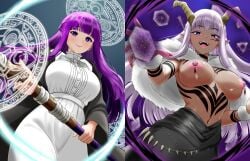 before_and_after bertstudent black_coat black_robe black_skirt blunt_bangs breasts capelet choker claws coat corruption dark_persona dress ear_piercing earrings fern_(sousou_no_frieren) fur-trimmed_capelet fur_trim holding holding_staff horns jewelry large_breasts lips looking_at_viewer mage_staff navel nipple_piercing piercing pointy_ears purple_eyes purple_hair purple_pupils qual_(sousou_no_frieren) red_nails robe skirt smile sousou_no_frieren staff straight_hair teardrop_earrings topless_female transformation white_capelet white_dress wrist_cuffs