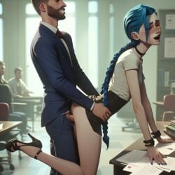 2025 ai_generated anus anus_peek arcane arcane_jinx ass asshole asshole_peek blue_hair cock female heels hi_res high_heels high_quality jinx_(arcane) jinx_(league_of_legends) league_of_legends legs legs_apart legs_open legs_spread male male/female male_penetrating office pencil_skirt penis penis_in_pussy people_in_background pussy sex shirt skirt smile smiling smiling_at_viewer squirting stable_diffusion standing standing_sex straight sweat tagme thighs vagina vaginal_penetration vaginal_sex white_shirt