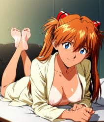 1girls asuka_langley_sohryu bare_soles barefoot blue_eyes blue_hair bossy_look breasts breasts_out business_suit business_woman erect_nipples feet feet_up female foot_fetish hair_ornament happy happy_female happy_girl medium_breasts neon_genesis_evangelion nipples office_lady on_stomach orange_hair relaxing smile smiling smiling_at_viewer smiling_female soles tan_body tan_skin tanline tanlines tanned tanned_girl teasing the_pose toes tsundere twintails yellow_suit