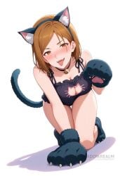 ai_generated all_fours animal_ear_fluff animal_ears animal_hands bare_shoulders bell black_bra black_panties blush bra breasts brown_eyes brown_hair cat_cutout cat_ears cat_lingerie cat_paws cat_tail choker cleavage cleavage_cutout clothing_cutout collarbone fake_animal_ears fake_tail female frilled_bra frills gloves jingle_bell jujutsu_kaisen kugisaki_nobara large_breasts looking_at_viewer meme_attire neck_bell open_mouth panties paw_gloves paw_pose paw_shoes shadowrealmarts short_hair simple_background smile solo tail teeth thigh_gap thighs tongue tongue_out uncensored underwear white_background