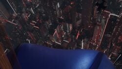 1girls ass big big_ass big_breasts blonde_hair breasts building city female focus front_view giant giantess hair huge_boobs huge_breasts laying light light-skinned long looking macro mega metroid micro on only ponytail samus_aran scrag_boy scrag_samus side skin suit thick thigh thighs zero_suit_samus