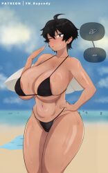beach big_ass big_breasts big_thighs bikini black_hair breasts female fn_rhapsody highres huge_ass huge_breasts huge_thighs naoki_hanna pov short_hair sweat sweaty sweaty_breasts swimsuit tan-skinned_female tan_body tan_skin tanned text text_bubble wide_hips