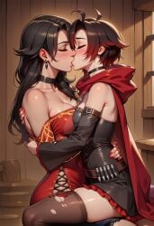 2girls ai_generated black_hair cinder_fall red_hair ruby_rose rwby