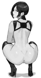 ada_wong aelion_draws anus ass black_boots black_gloves black_hair boots choker closed_mouth commentary english_commentary eyelashes female from_behind full_body gloves greyscale harness high_heel_boots high_heels highres lips looking_at_viewer looking_back monochrome nude pussy resident_evil short_hair simple_background solo squatting thigh_boots white_background