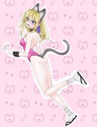 alternate_costume ass blonde_hair blue_eyes blush cat_ears cat_tail catgirl choker embarrassed female female_only full_body gintama kijima_matako leotard long_hair looking_at_viewer looking_back medium_breasts pale-skinned_female pale_skin pink_background pink_leotard sandals shinsukecat side_ponytail sideboob socks solo tabi