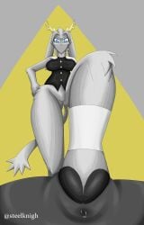 1girls anthro blue_eyes bunny_girl catgirl furry goat_girl gray_body gray_fur hooves horn horns long_tail looking_at_viewer no_panties no_pants no_underwear precum pseudoregalia simple_background steelknigh stepped_on stepping_on_penis sybil_(pseudoregalia) tail watermark