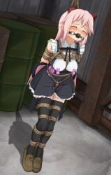 arms_behind_back assault_lily ball_gag barrel black_thighhighs blush bondage bondage bondage bound bound_arms bound_legs bound_torso breasts brown_shoes buttons closed_eyes collared_shirt commentary_request covered_nipples crotch_rope endou_araya female femuto frilled_shirt frilled_skirt frills full_body gag gagged hairpods high-waist_skirt highres indoors legs_together loafers long_hair medium_breasts miniskirt nipple_clamps nipple_stimulation nose_blush parted_lips pink_hair raised_eyebrows remote_control_vibrator restrained rope school_uniform sex_toy shadow shibari_over_clothes shirt shoes skirt sleeveless sleeveless_shirt solo suspender_skirt suspenders suspension sweat teeth thighhighs tiptoes upper_teeth_only very_long_hair vibrator vibrator_on_nipple white_shirt yurigaoka_girls_academy_school_uniform zettai_ryouiki