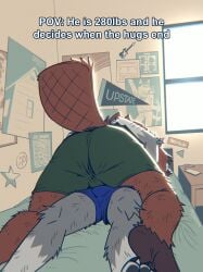 american_football_(band) anthro ass bara bed bedroom big_butt bottomwear brown_body brown_fur brown_tail bulge bulge_frottage canid canine canis cellphone clothing demon_days duo electronics freddie_mercury fur furniture green_bottomwear green_clothing green_shorts grey_body grey_fur hi_res hug inside jeffrey_(stellizard) joy_division lance_(stellizard) lying lying_on_another male male/male mammal monotreme on_back on_bed on_front phone platypus poster shorts stellizard tail white_body white_fur window wolf yaoi