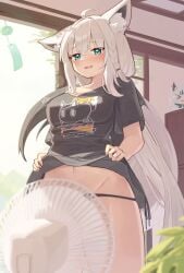 1girls animal_ears black_panties black_shirt braid clothes_lift deaver electric_fan fanning_crotch female fox_ears fox_girl hair_between_eyes hololive hot large_breasts lifted_by_self long_hair naked_shirt navel official_alternate_costume shirakami_fubuki sweat vtuber white_hair