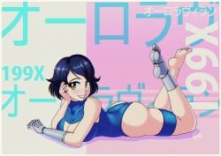 1girls 2024 ass barefoot black_hair breasts cleavage cleavage_cutout japanese_text leotard looking_at_viewer lying medium_hair omegalife on_stomach original prosthetic prosthetic_foot prosthetic_hand smile tagme text thigh_strap thighs watermark yellow_eyes
