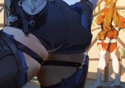 2girls adjusting_clothes adjusting_leotard amber_(genshin_impact) ass_focus big_ass eula_(genshin_impact) genshin_impact gloves hand_on_butt huge_ass kuriki thick_thighs