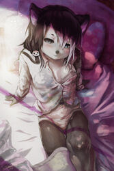 2015 anthro bear bed blue_eyes blush bra breasts cameltoe cleavage clothed clothing female hi_res knighthead looking_at_viewer mammal navel on_bed panda panties shirt sitting solo underwear