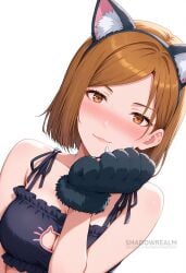 ai_generated animal_ear_fluff animal_ears animal_hands bare_shoulders black_bra blush bra breasts brown_eyes brown_hair cat_cutout cat_ears cat_lingerie cleavage cleavage_cutout closed_mouth clothing_cutout collarbone fake_animal_ears female frilled_bra frills gloves jujutsu_kaisen kugisaki_nobara looking_at_viewer medium_breasts meme_attire parted_bangs paw_gloves shadowrealmarts short_hair simple_background smile solo uncensored underwear upper_body white_background
