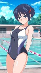 1girls arms_behind_back bare_legs bare_shoulders blue_eyes blue_hair botan_nagatsuki collarbone hairclip looking_at_viewer medium_breasts one_piece_swimsuit pool poolside school_swimsuit short_hair smile standing