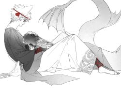 2boys blush ear_fins fellatio fox_boy fox_ears full_body gay gintama gintoki_sakata hand_on_another's_head implied_oral japanese_clothes kimono kitsune male male_only merfolk mermaid_tail merman monochrome no_visible_genitalia official_alternate_costume oral profile side_view spot_color takasugi_shinsuke veil wy3163561826160 yaoi youkai