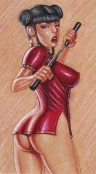 asian ass black_hair clothed_breasts earrings edithemad erect_nipples_under_clothes female female_only lady_(lady_master_of_kung_fu) lady_master_of_kung_fu looking_back nopan nunchaku ox_horns traditional_media_(artwork)