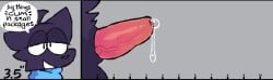 anthro balls bodily_fluids clip_studio_paint_(artwork) digital_media_(artwork) domestic_cat felid feline felis fur genital_fluids genitals half-closed_eyes hi_res joe_(thatguynamedjoe) leaking_precum male mammal measuring measuring_penis narrowed_eyes penis pink_penis precum purple_body purple_fur ruler scarf small_penis smug_expression solo speech_bubble tapering_penis thatguynamedjoe toony vein veiny_penis