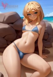 1boy 2d ai_generated ass bangs barefeet big_ass bikini blonde_hair bulge erection erection_under_clothes erophoenix feet full_body green_eyes looking_at_viewer looking_back male male_focus navel nude otoko_no_ko pale_skinned_male patreon_username penis sitting smile soles solo solo_male sweat swimsuit thick thick_thighs toes uncensored
