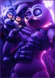 3d animatronic animatronic_female breast_grab breasts breasts_out female/female female_focus five_nights_at_freddy's five_nights_at_freddy's:_security_breach fnaf glamrock_chica_(fnaf) grabbing grabbing_breasts grabbing_from_behind grabbing_tits horror looking_at_viewer mrcourage616 neon_lights nude roxanne_wolf_(fnaf) shiny_eyes tits